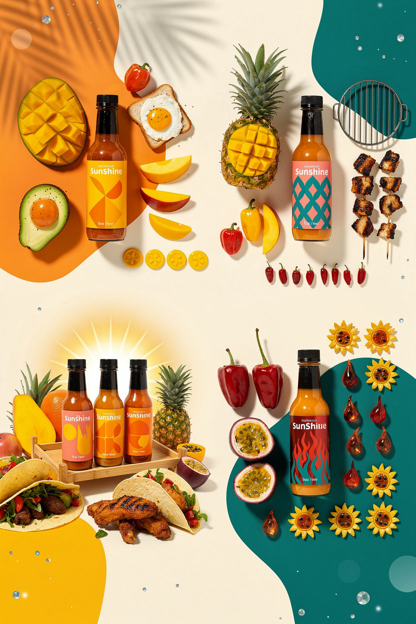 Sunburst Hot Sauce Co. SUNRISE, DISCO, and SOLAR FLARE bottles with tropical fruit and bright packaging