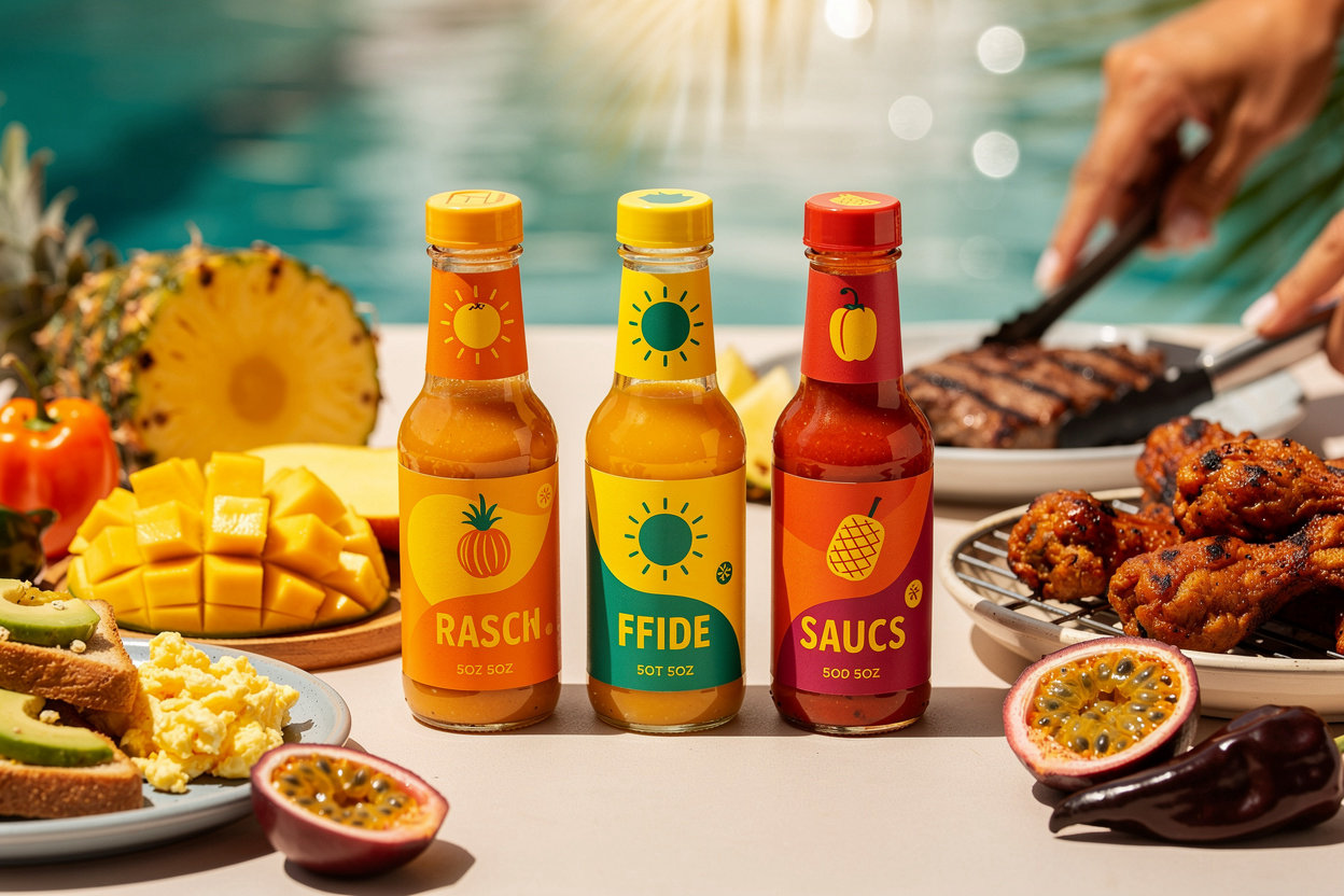 Sunburst Hot Sauce Co. three signature bottles - SUNRISE mango habanero, DISCO pineapple ghost pepper, SOLAR FLARE Carolina Reaper passion fruit