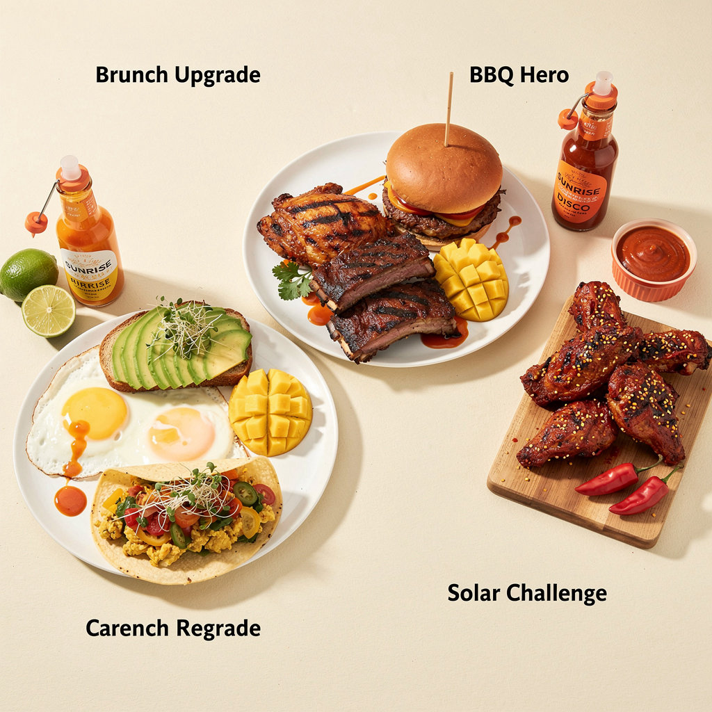 Sunburst Hot Sauce Co. lifestyle food photography showing prepared dishes with hot sauce pairings for brunch, BBQ, and heat challenge use cases